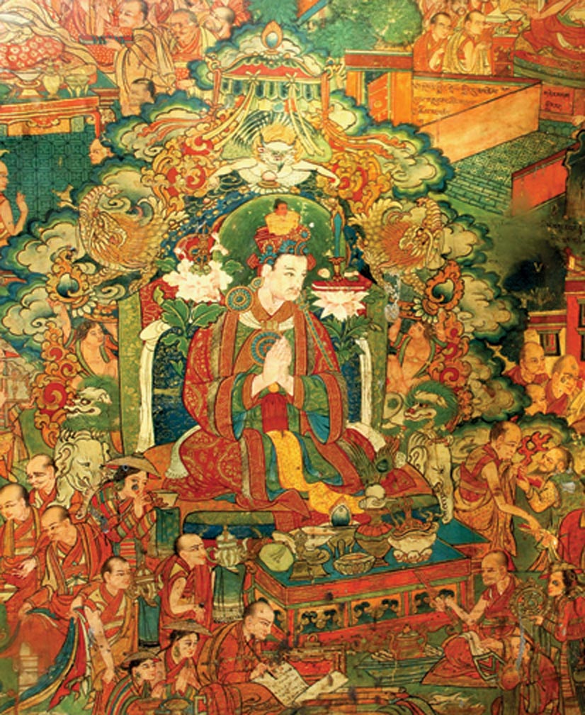 Représenté ici sur le mur du Loukhang à Lhassa, Songtèn Gampo fut le premier empereur du Tibet et c’est en grande partie à lui – à son initiative et à son soutien – qu’on doit la première introduction du bouddhisme depuis l’Inde.  Photo d’Ariana Maki.