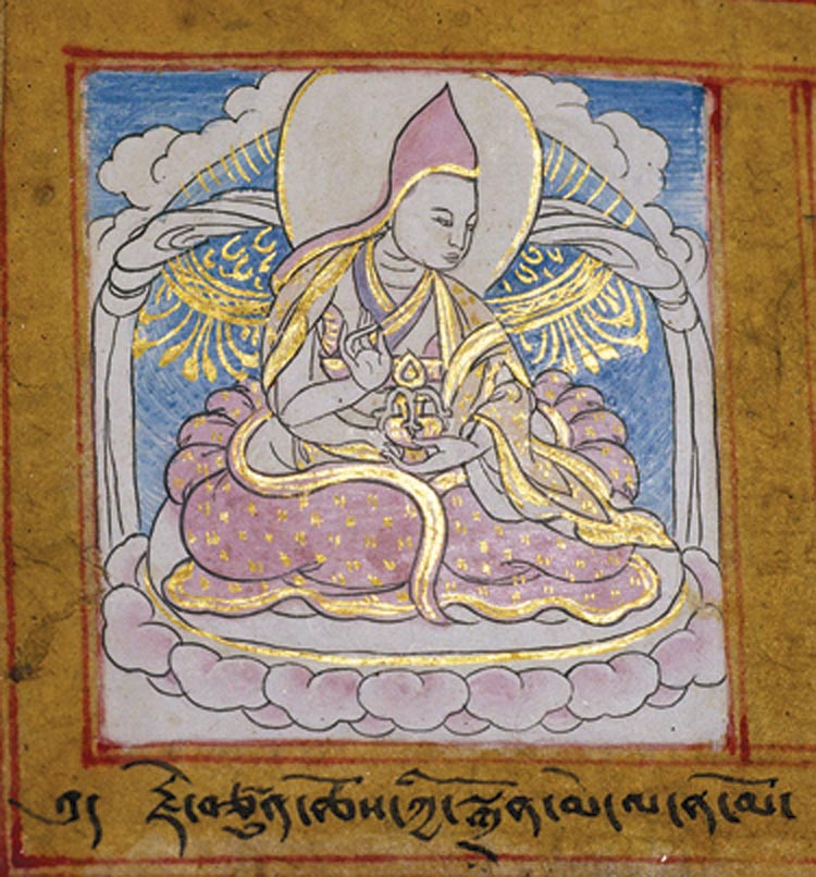 Née au XVe siècle, Cheukyi Dreunma fut la première Samding Dorjé Pamo, la lignée de réincarnations féminines la plus éminente du Tibet. Elle fut la principale disciple de Bodong Choglé Namgyal. Ce portrait est tiré de la couverture de la biographie de ce dernier.  Photo de Hildegard Diemberger.