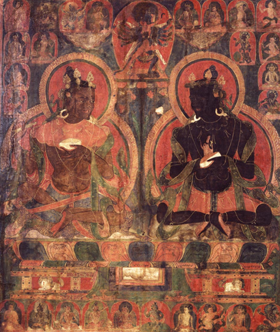 Nāropa, le maître de Marpa, est représenté ici avec son propre maître, le grand mahāsiddha Tilopa, sur cette thangka du XVIe siècle, provenant du Tibet central. Rubin Museum of Art C2006.66.154 (HAR 130).